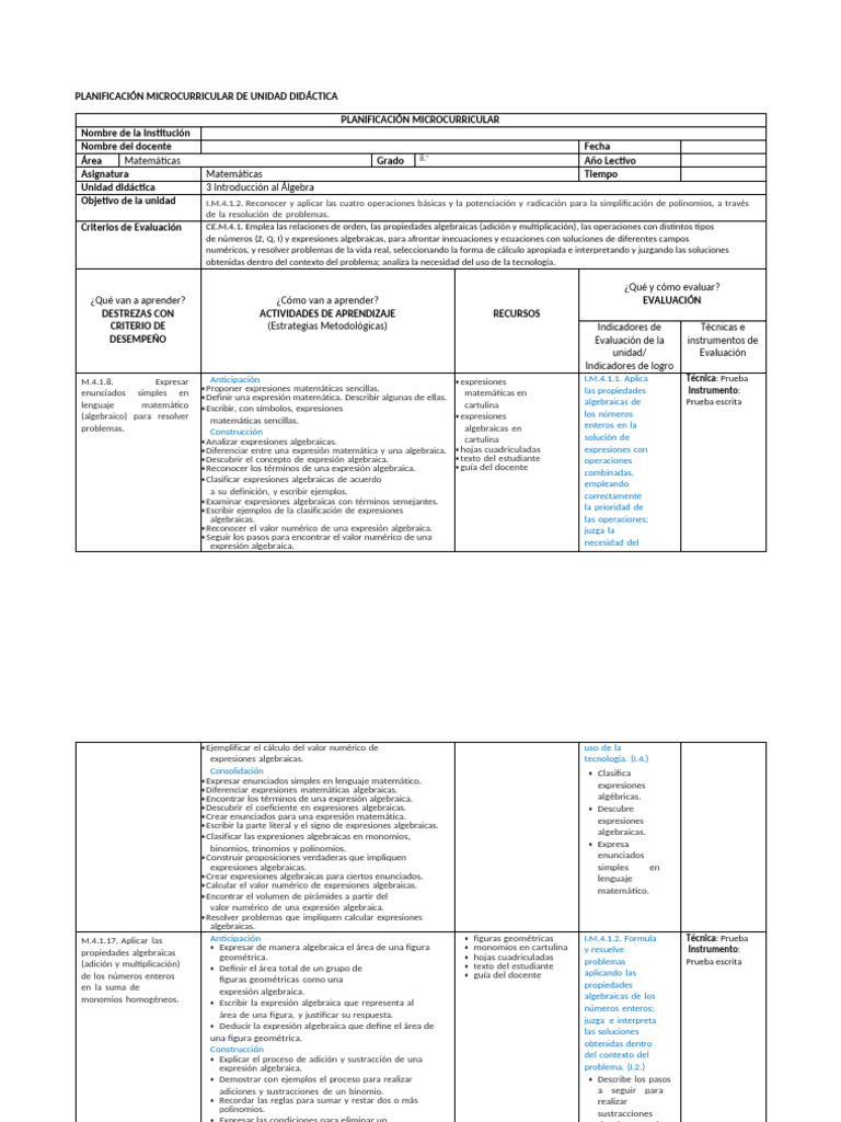 Mat8 Planif U3 | PDF | Multiplicación | Fórmula
