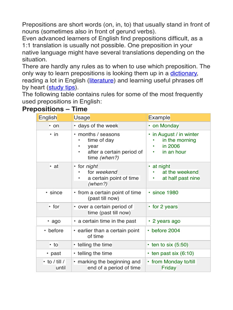 Prepositions PDF (1) | PDF | Preposition And Postposition | English ...