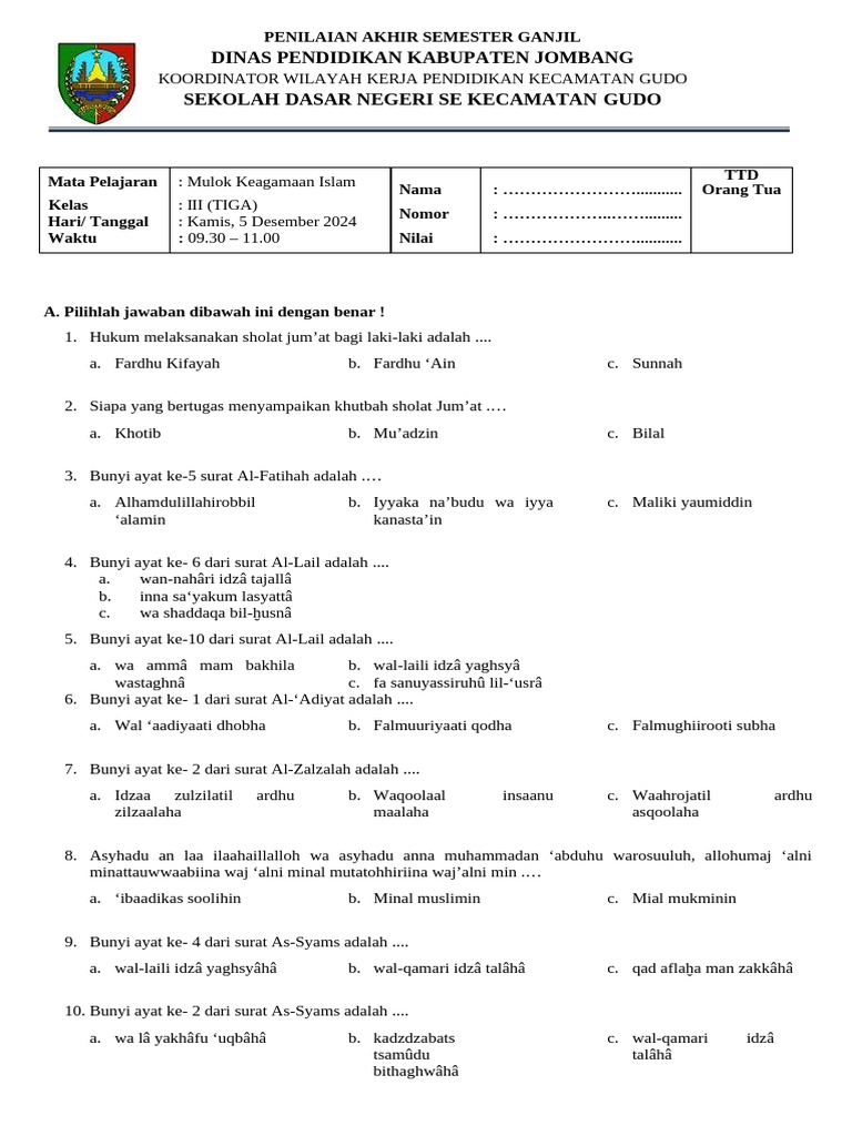 Soal Ujian Mulok Keagamaan Kelas 3 | PDF