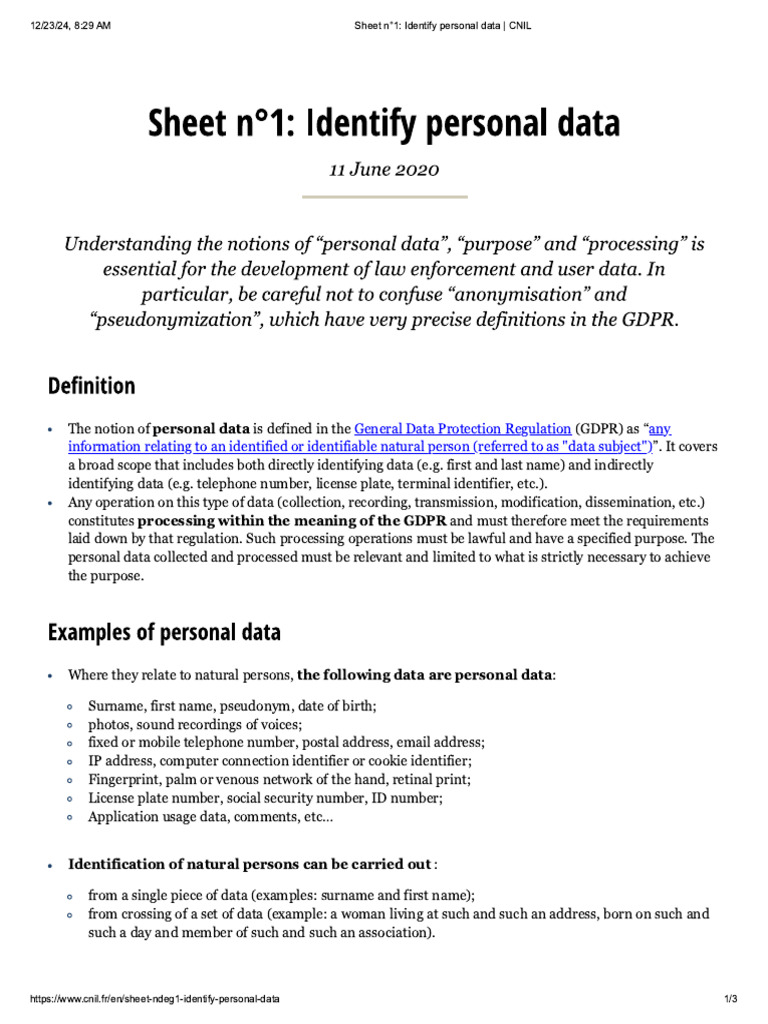 Sheet N°1 - Identify Personal Data - CNIL | PDF
