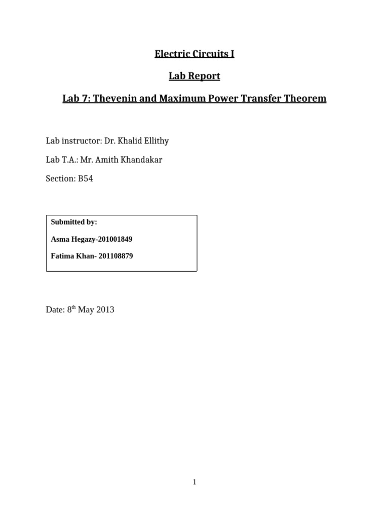 (Spring 2013) Experiment #7 - Thevenin and Max Power Transfer | PDF ...
