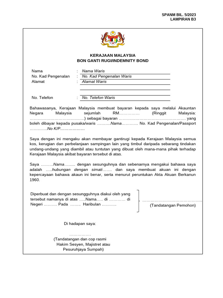 LAMPIRAN B3_FORMAT INDEMNITY BOND | PDF