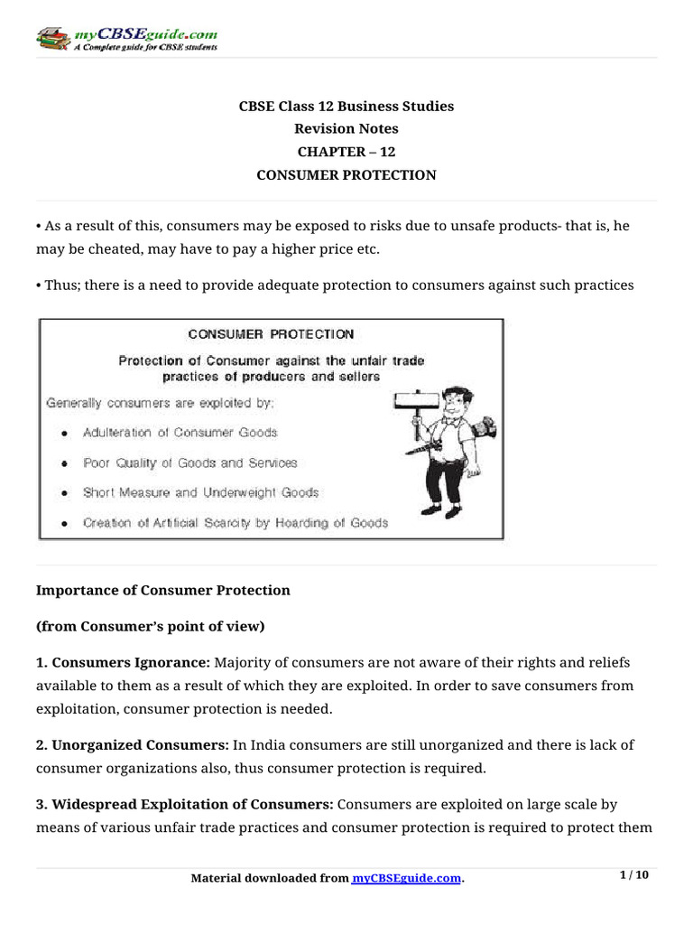 CBSE Class 12: Consumer Protection Notes | PDF | Consumer Protection ...