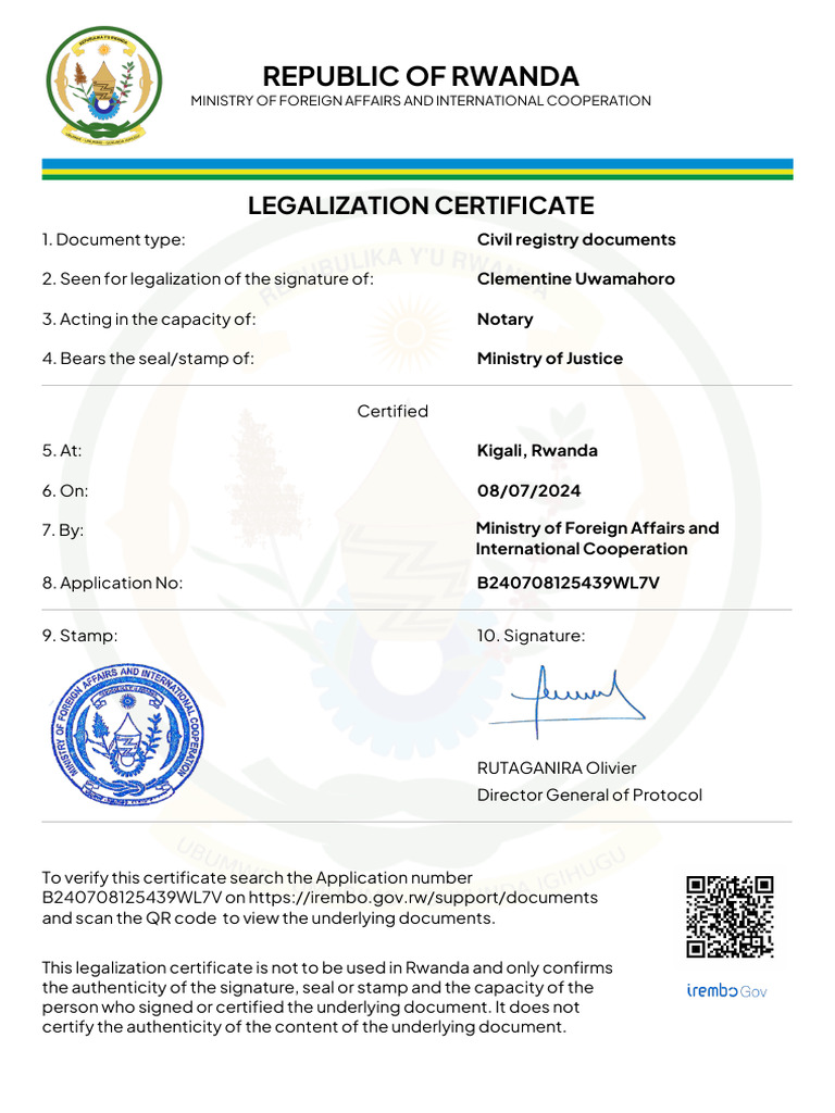 Legalization Certificate for Rwanda Documents | PDF