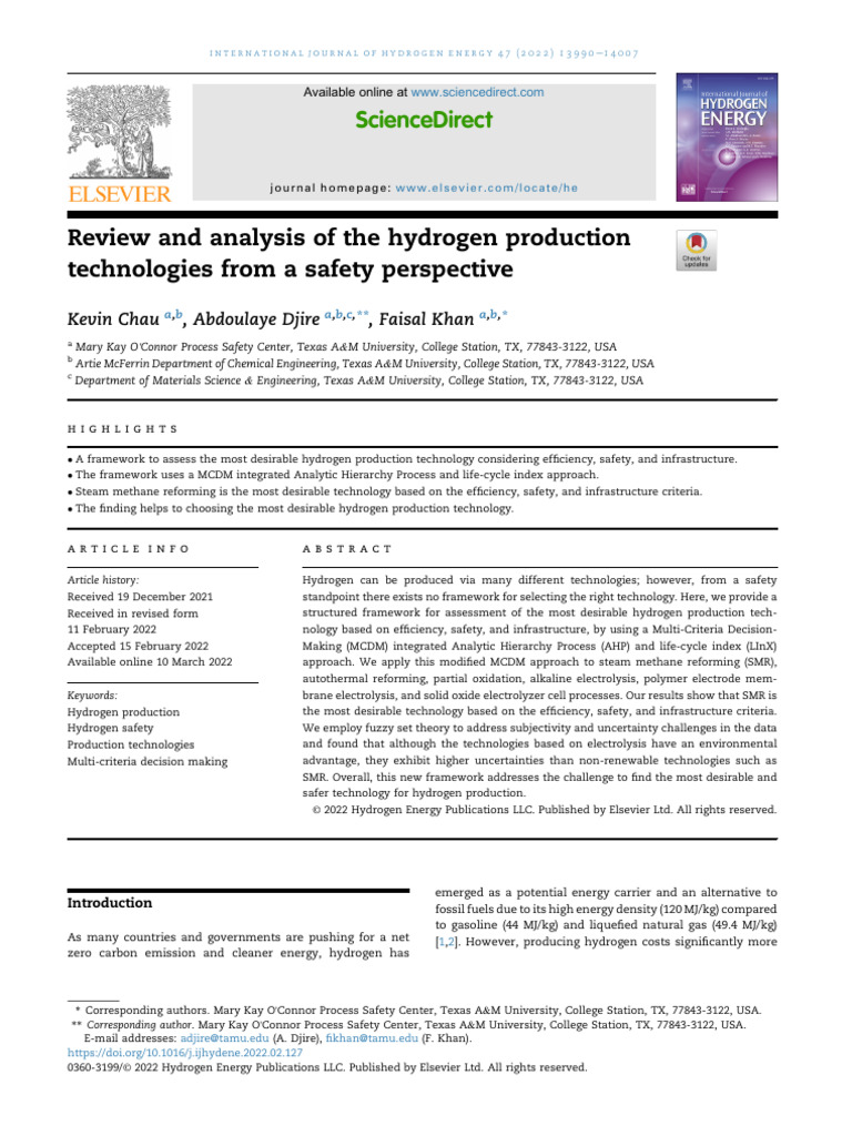 2022 Chau - Review and Analysis of The Hydrogen Production | PDF ...