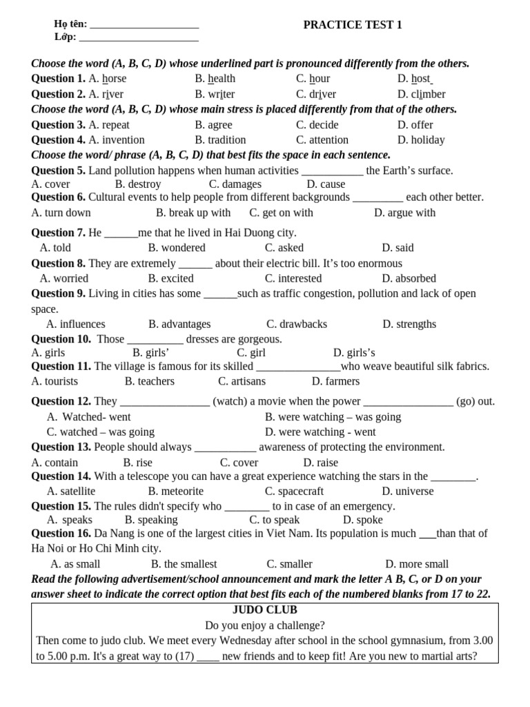 English Practice Test for Students | PDF | Adolescence