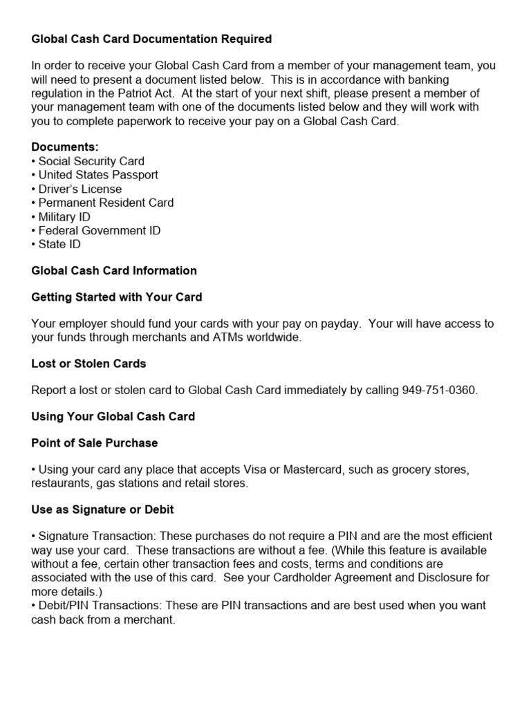 Global Cash Card User Guide | PDF | Debit Card | Fee