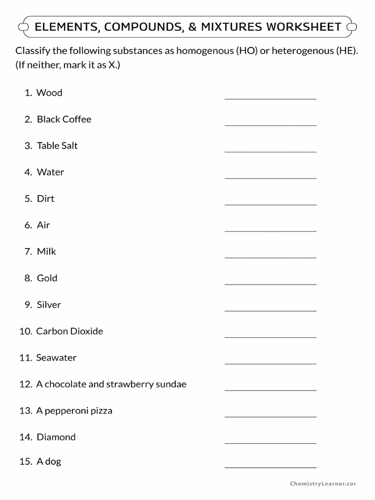 Elements-Compounds-Mixtures-Worksheet | PDF
