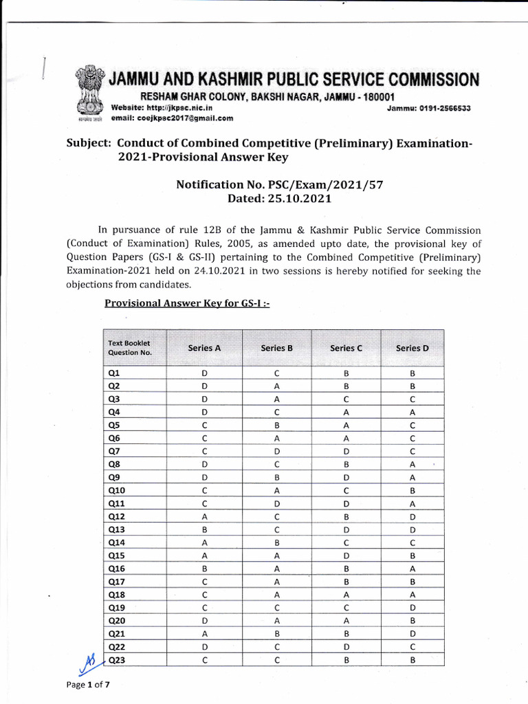 J&K PSC 2021 Combined Exam Answer Key | PDF