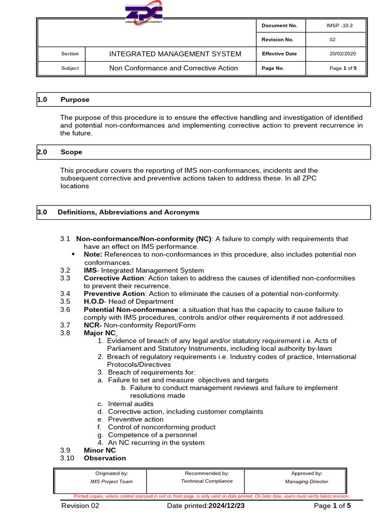 IMSP 10.2 Nonconformity and Corrective Action Rev 02 | PDF | Risk ...