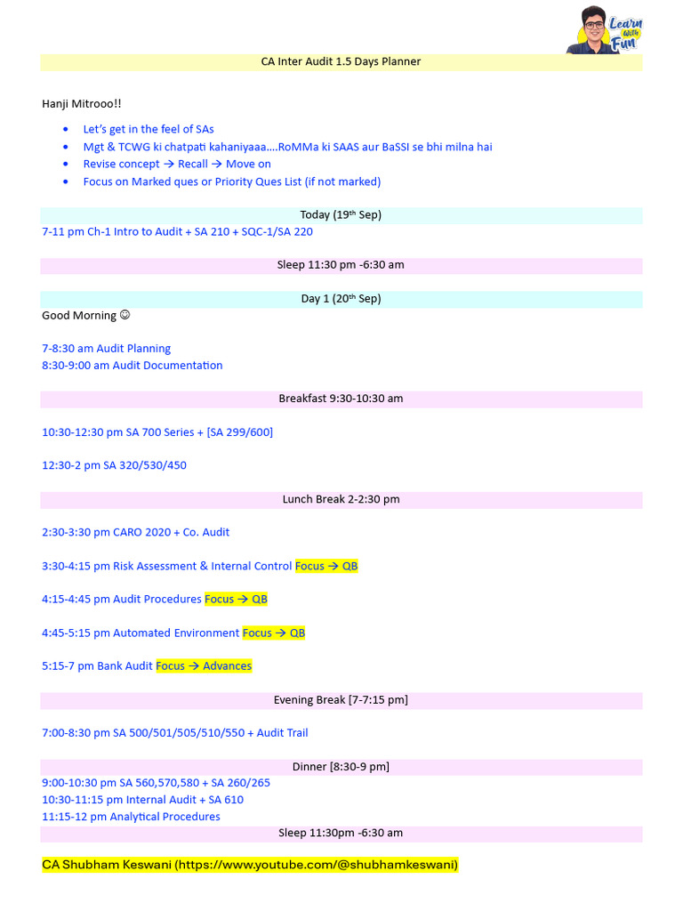 CA Inter Audit 1.5 Days Study Plan | PDF