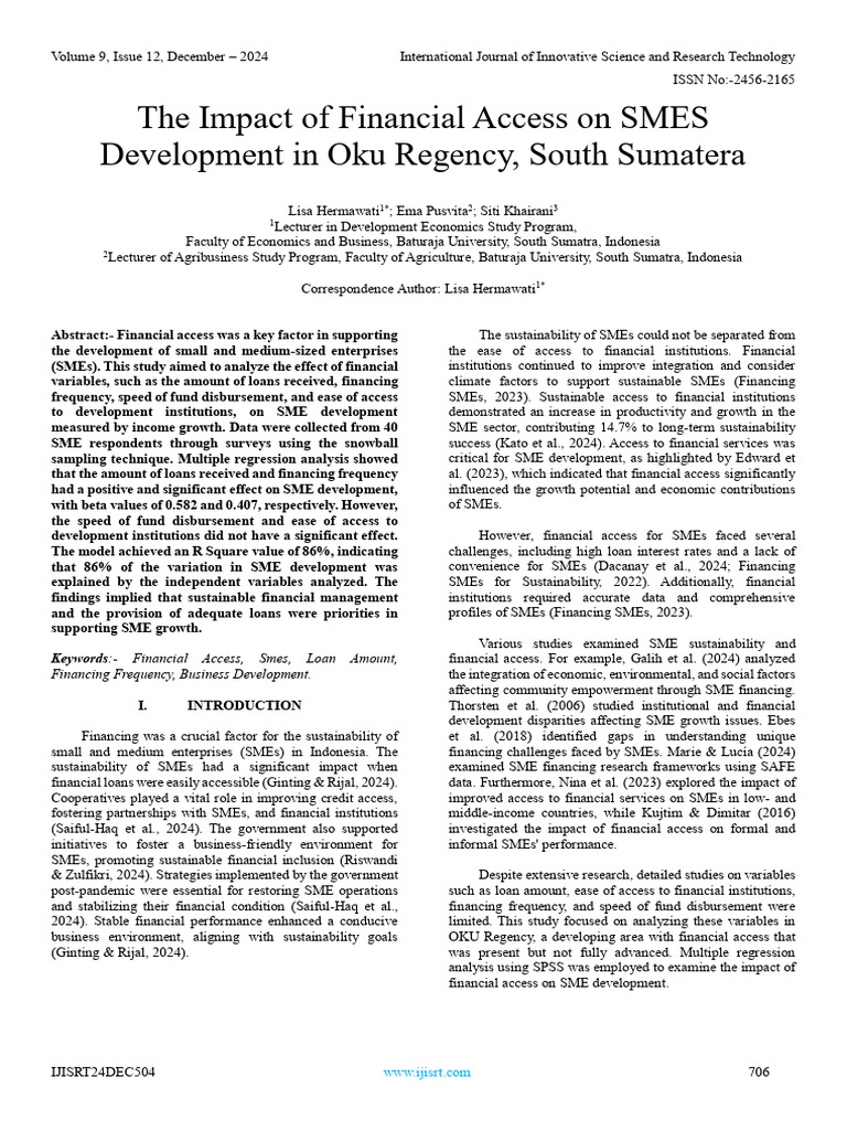 The Impact of Financial Access On SMES Development in Oku Regency ...