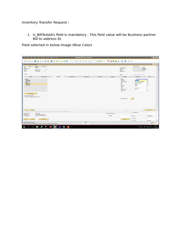 Mandatory U_BillToAddrs in Inventory Transfer | PDF