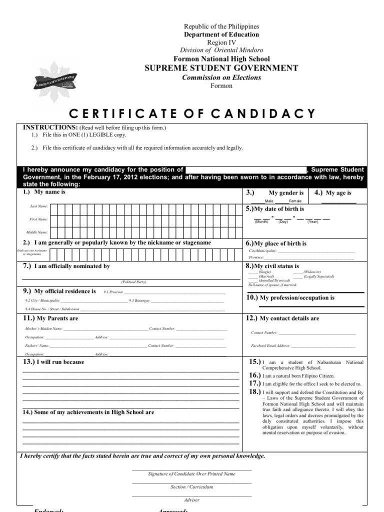 Certificate Of Candidacy Pdf