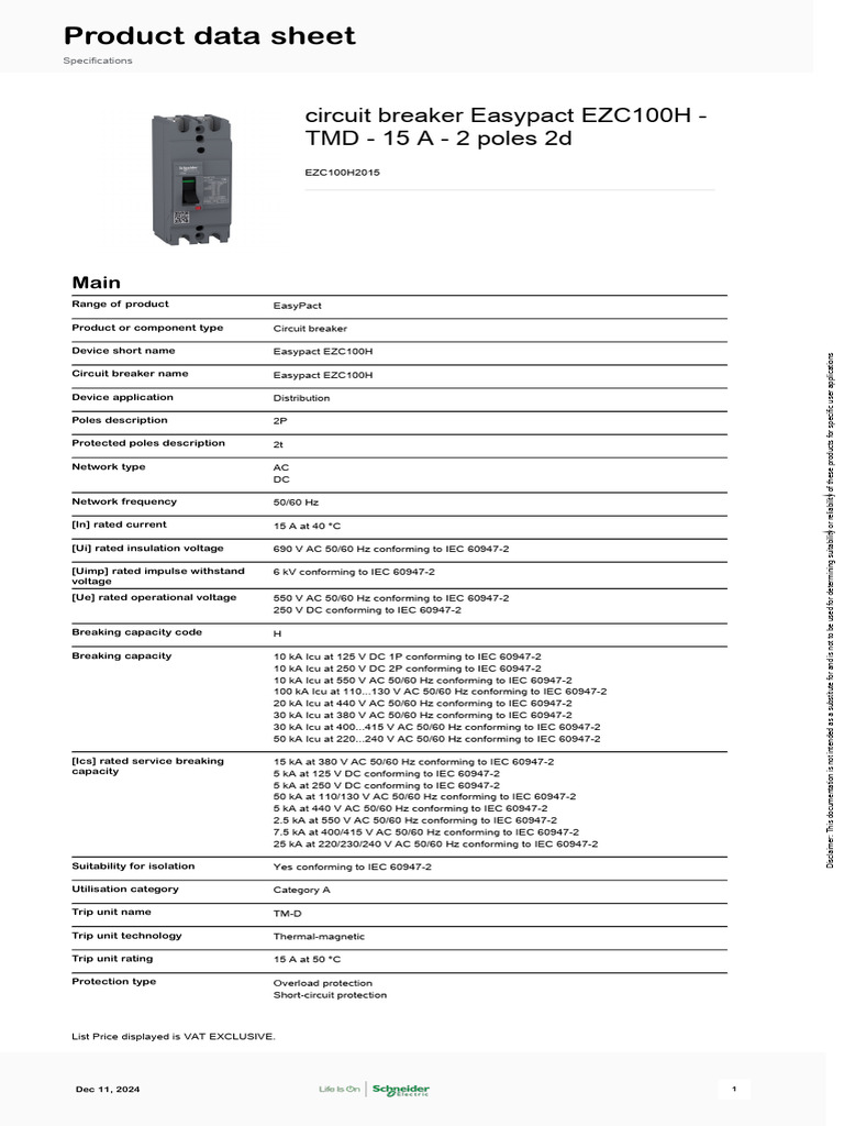 Easypact EZC100H 15A Circuit Breaker | PDF | Alternating Current ...