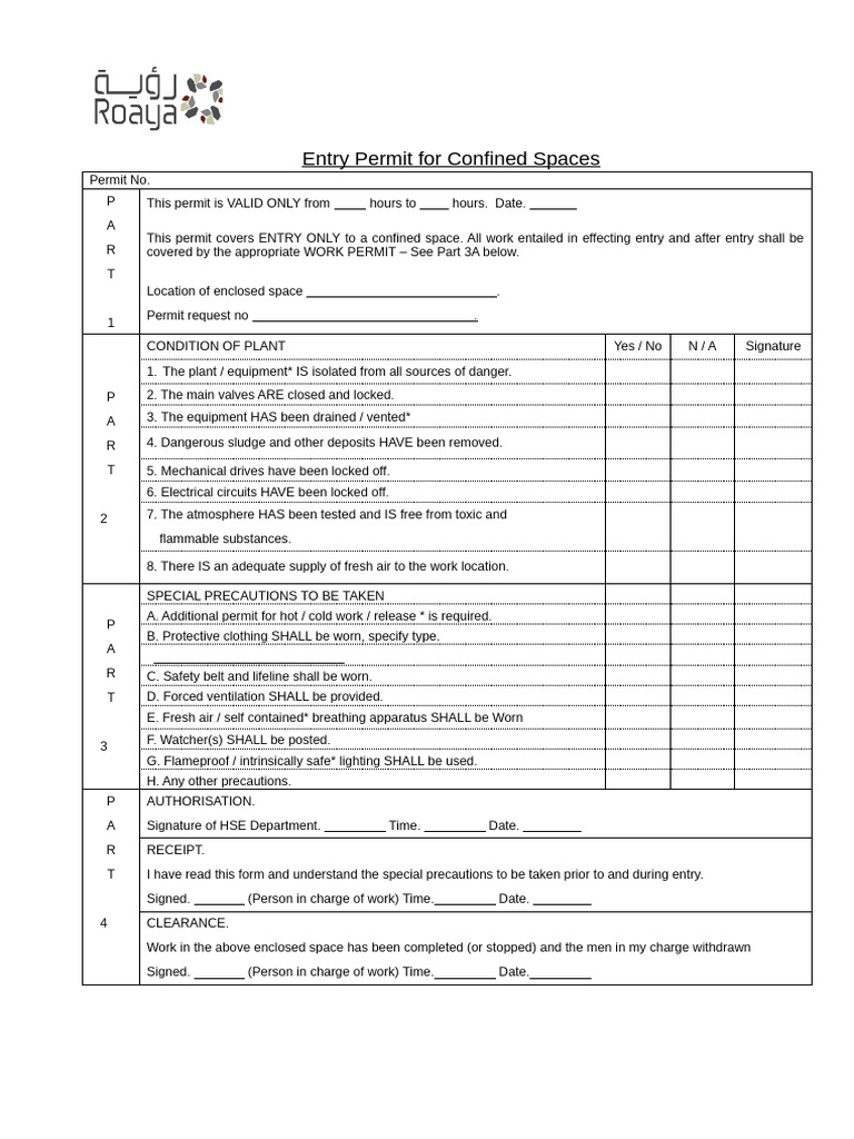 Confined Space Entry Permit Template | PDF