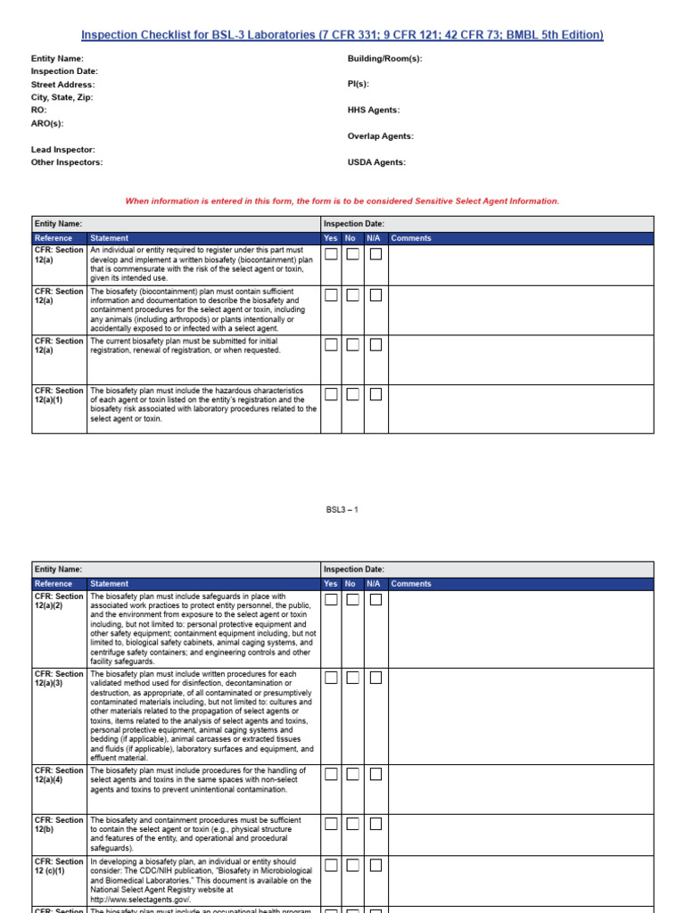 BSL-3 Laboratory Biosafety Checklist | PDF | Health Sciences | Safety
