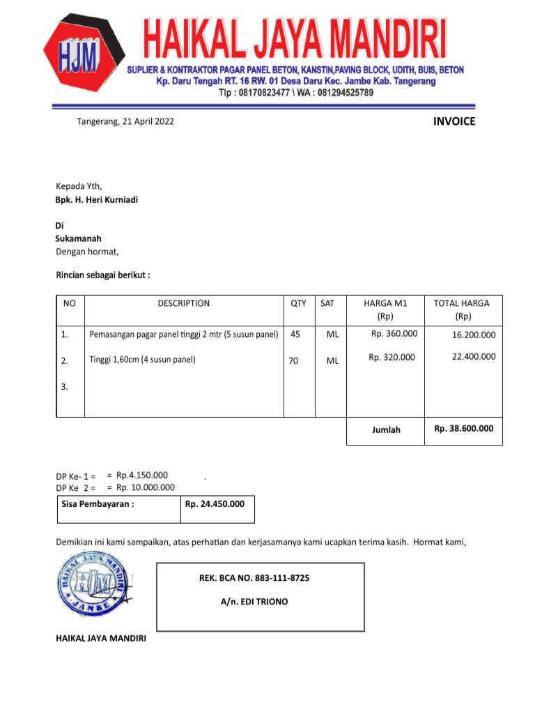 Invoice Pemasangan Pagar Panel | PDF