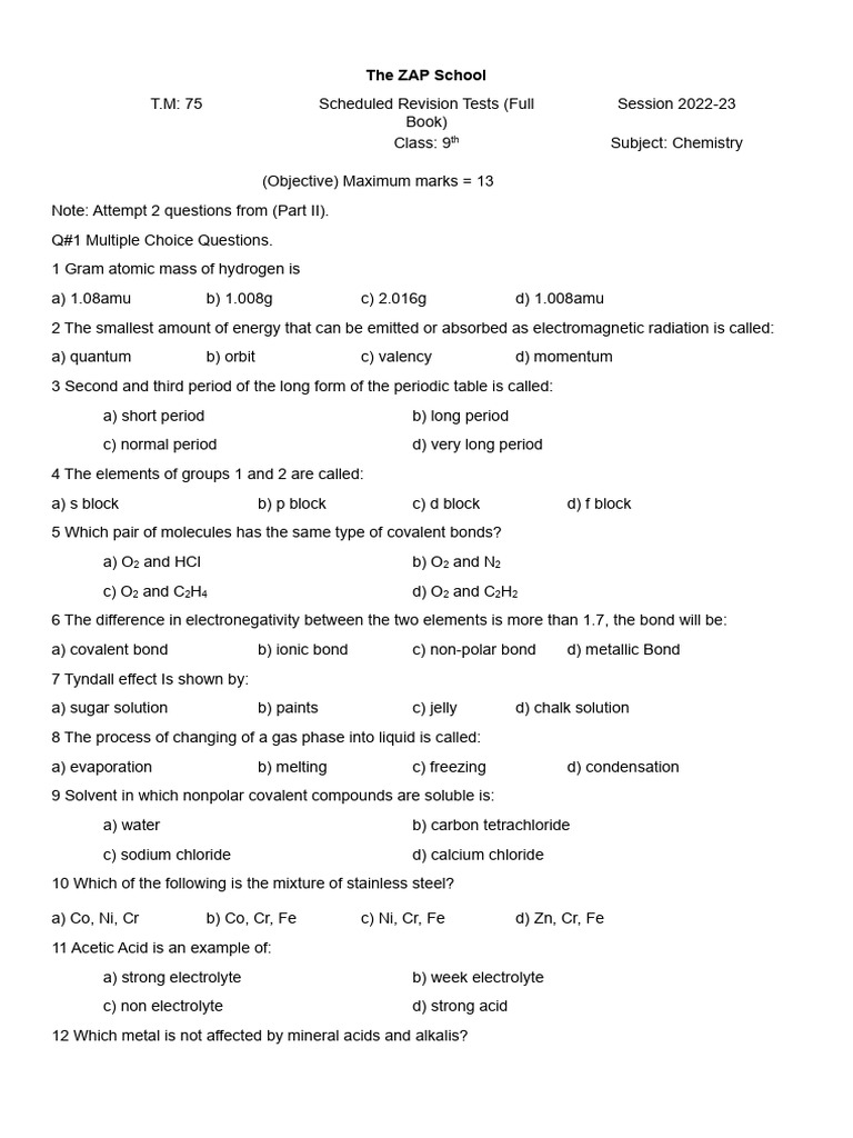 9th Chemistry Full Book | PDF | Chemical Bond | Covalent Bond