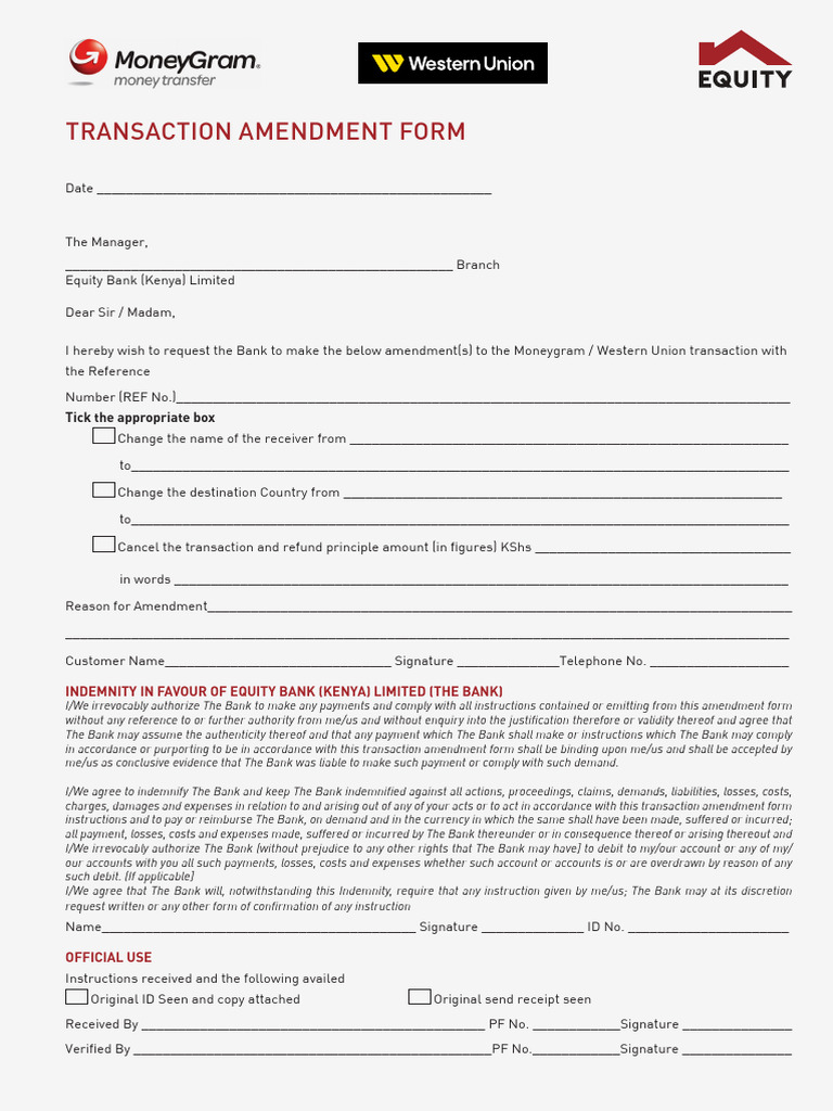 IMT Transaction Amendment Form | PDF | Banks | Indemnity