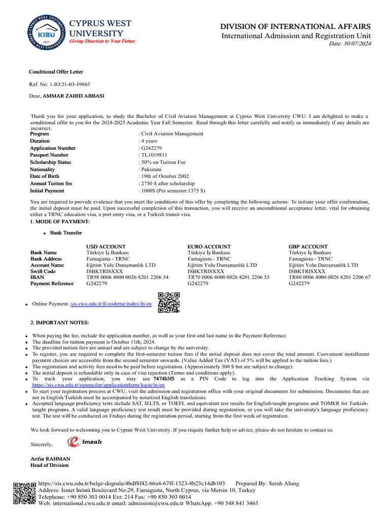 G242279 Conditional Acceptance Letter Imzali | PDF | Payments