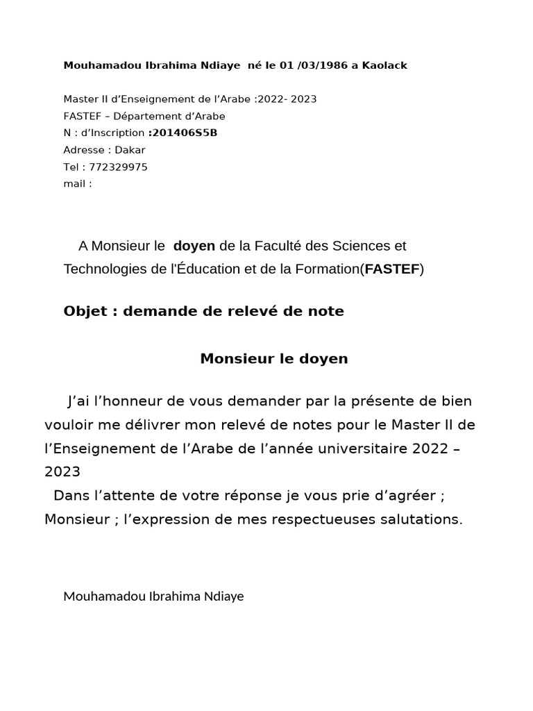 Demande de relevé de notes 2022-2023 | PDF