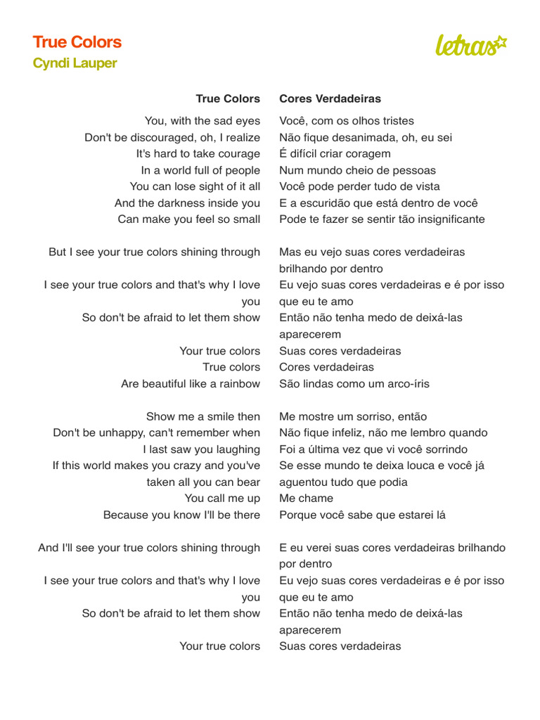 TRUE COLORS (TRADUÇÃO) - Cyndi Lauper (Impressão) | PDF | Música ...