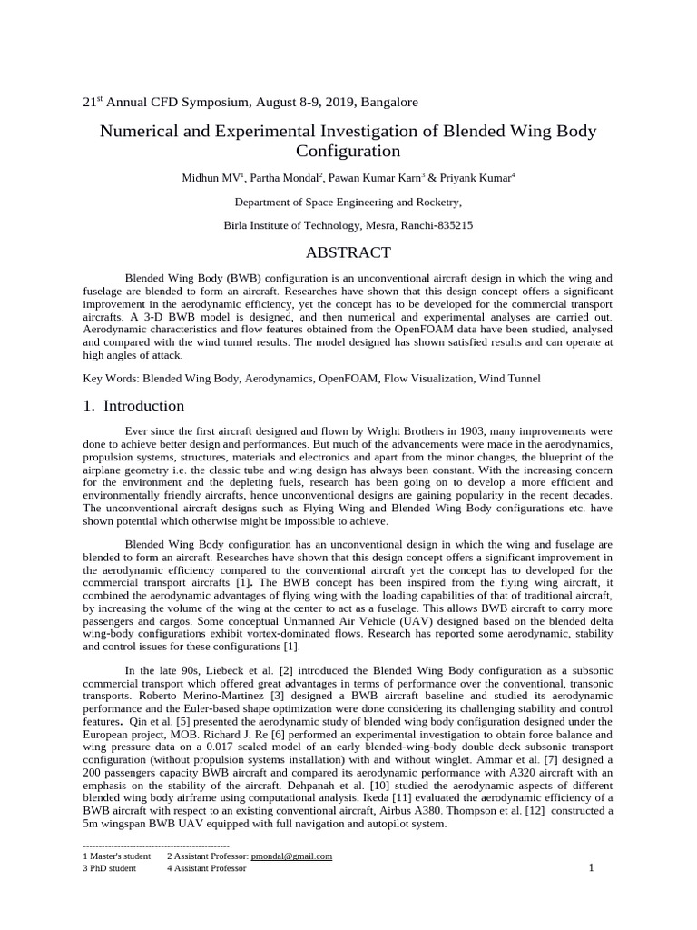 Numerical and Experimental Investigation of Blended Wing Body | PDF ...