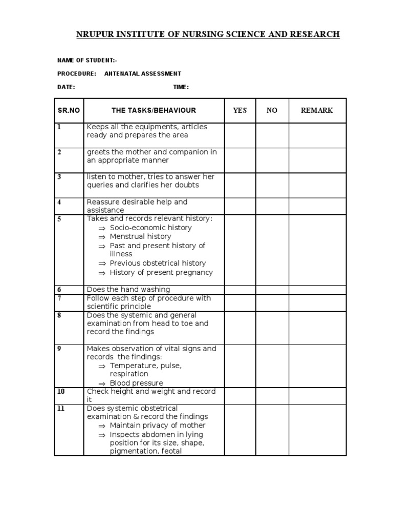 Antenatal Assessment Procedure Checklist | PDF | Self-Improvement ...