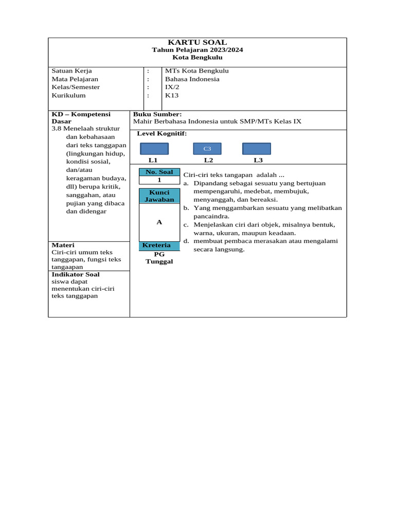 Kartu Soal Bahasa Indonesia Kelas 9 Semester 2 | PDF