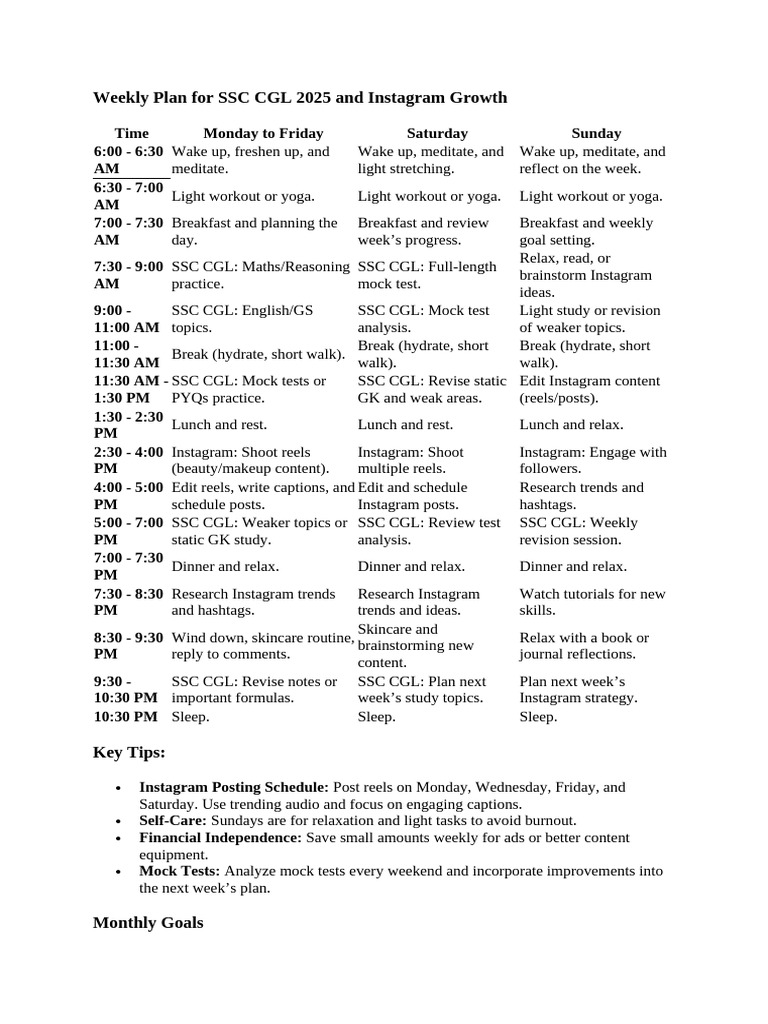 SSC CGL 2025 Weekly Study & Instagram Plan | PDF