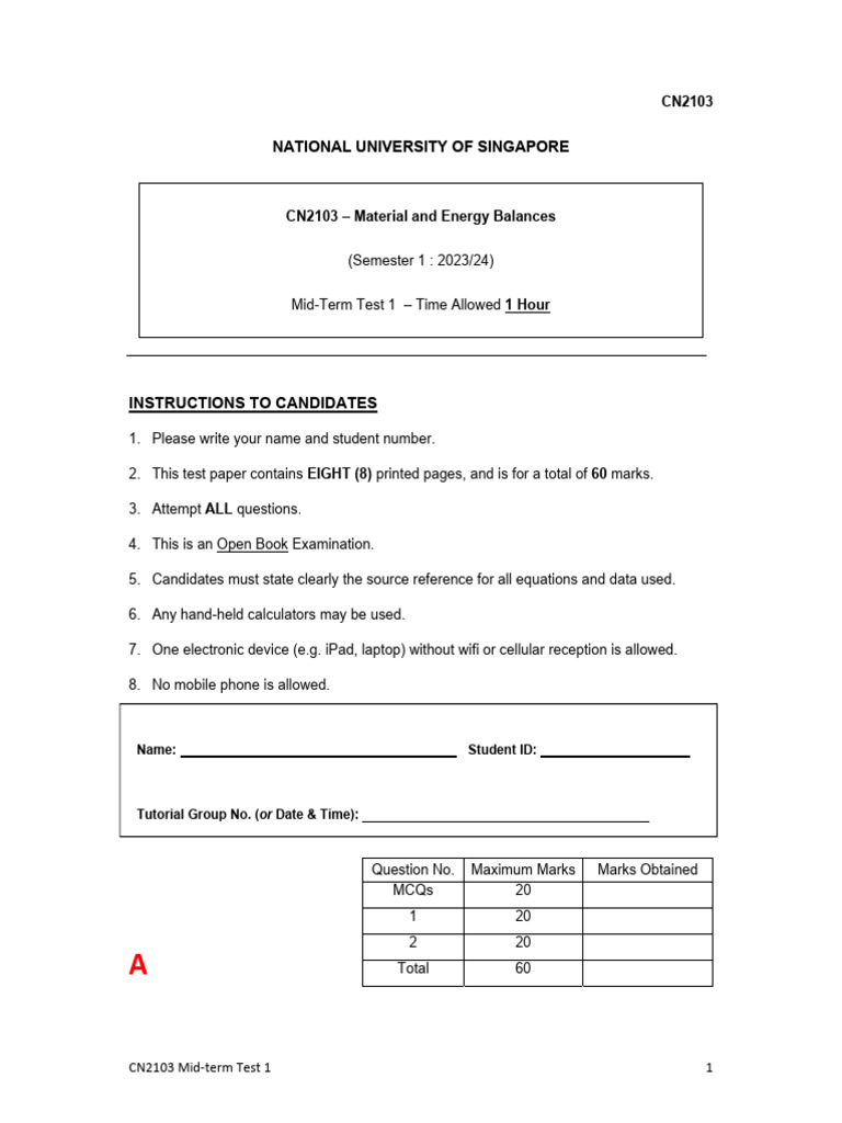 CN2103 Mid-Term 1 Answers (Script A) | PDF | Multiple Choice