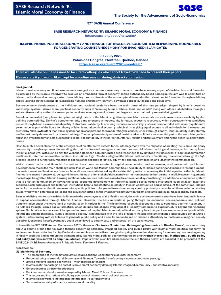 SASE 2025: Islamic Moral Economy Conference | PDF | Islamic Banking And ...