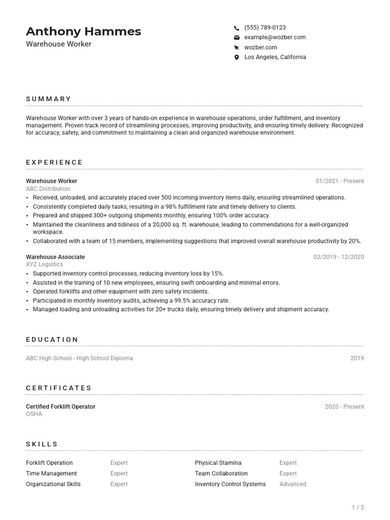 Experienced Warehouse Worker Resume | PDF | Warehouse | Forklift