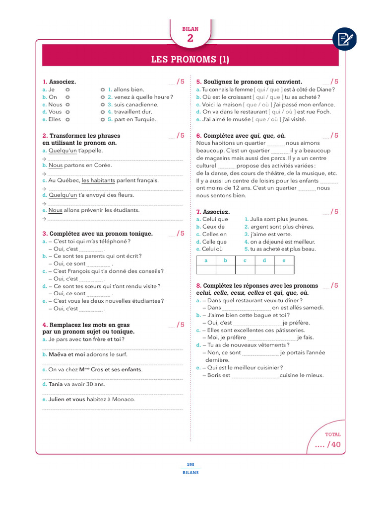 Exercices sur les pronoms en français | PDF | Échecs