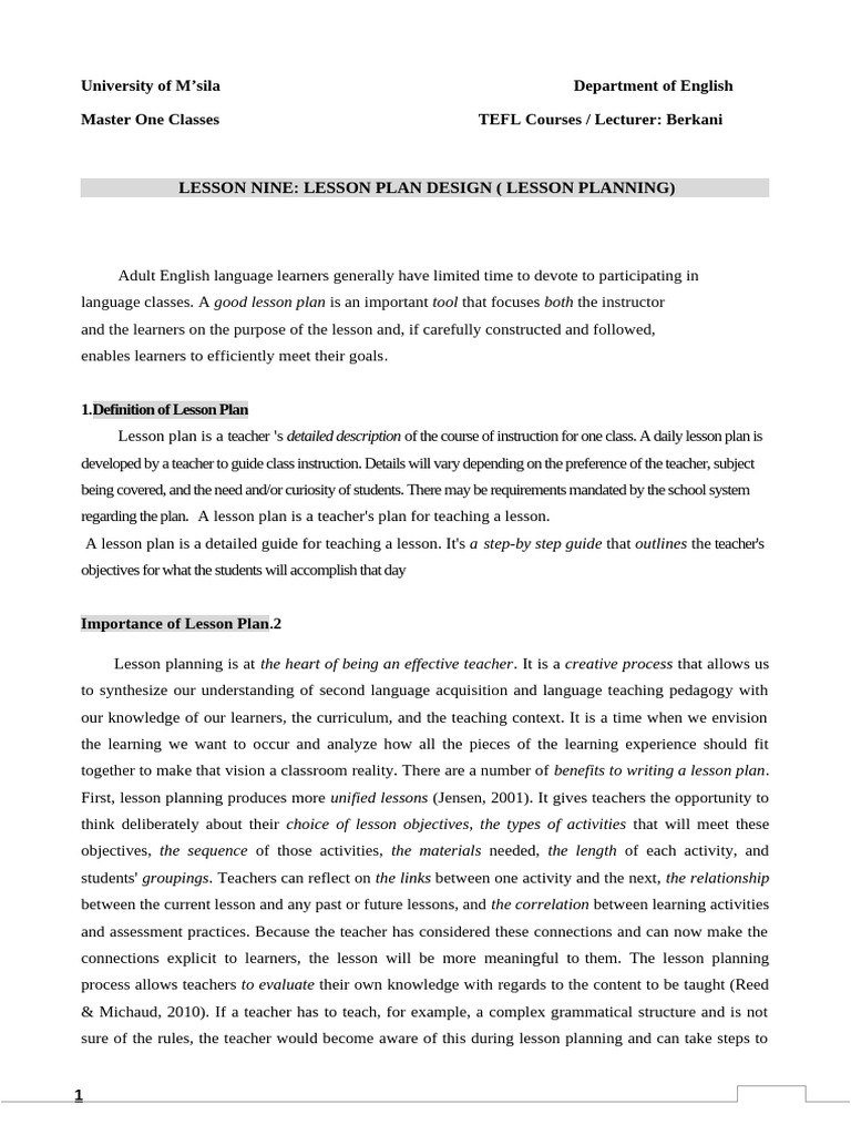 TEFL Lesson Plan Design Essentials | PDF | Lesson Plan | Teachers