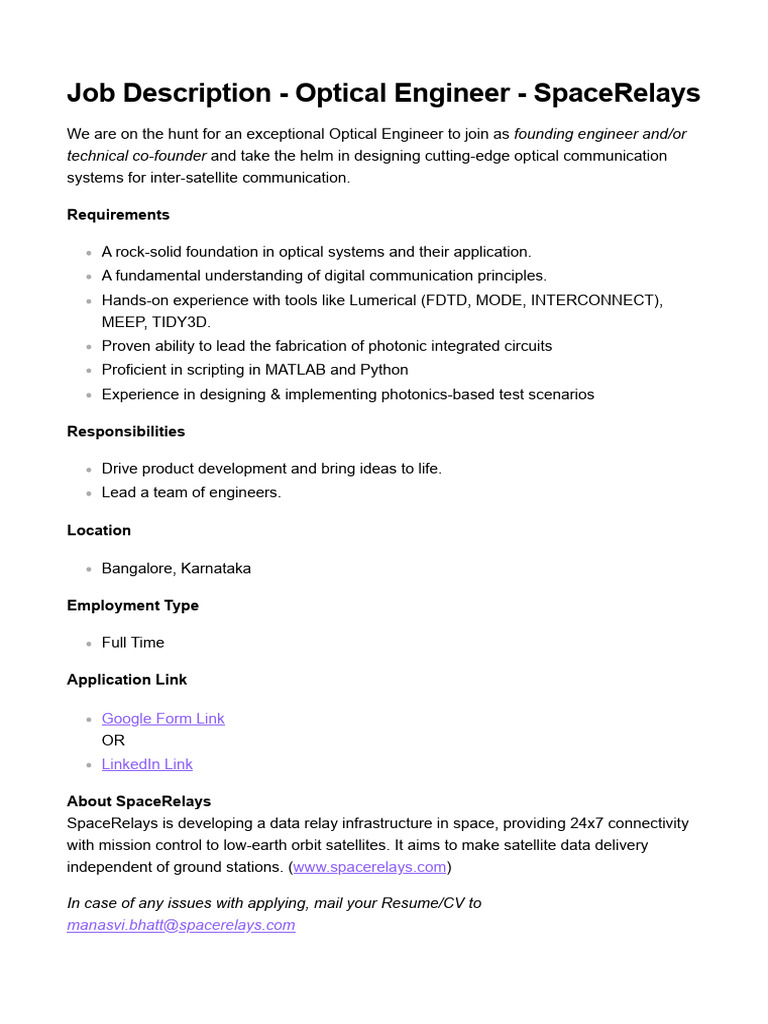 Job Description - Optical Engineer - SpaceRelays | PDF