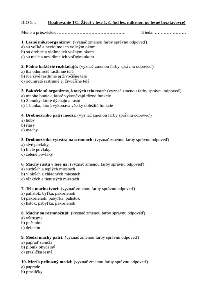 BIO 5.A 14.12. Príloha 1. TEST | PDF