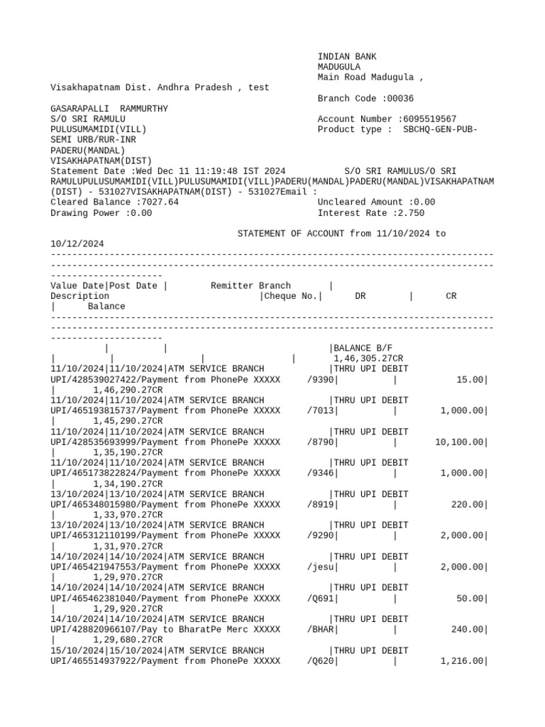 Indian Bank Account Statement 2024 | PDF | Debit Card | Debits And Credits