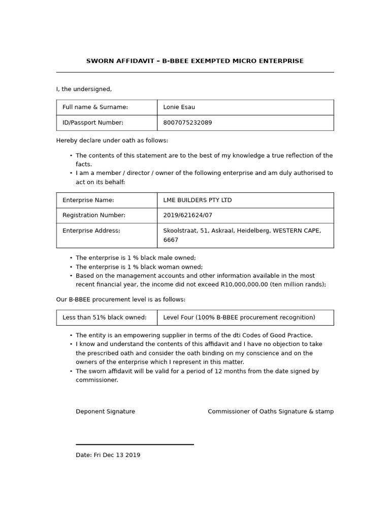 B BBEE Affidavit For Exempted Micro Enterprise PDF