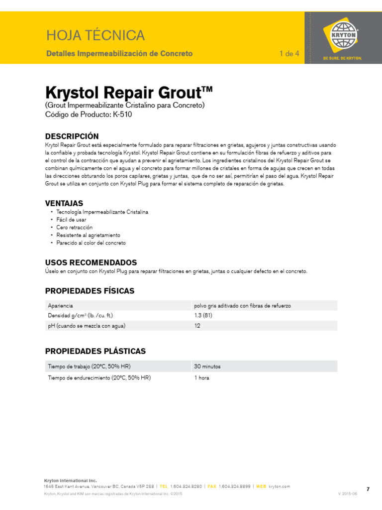 1-Technical-Data-Sheet-Krystol-Repair-Grout-Spanish | PDF | Hormigón