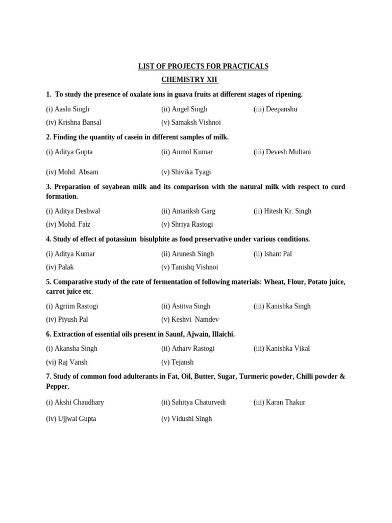Chemistry XII Practical Projects List | PDF