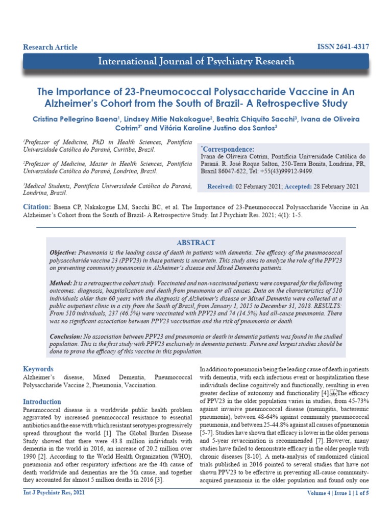 PPV23 Vaccine Impact on Alzheimer's Patients | PDF | Pneumonia | Dementia