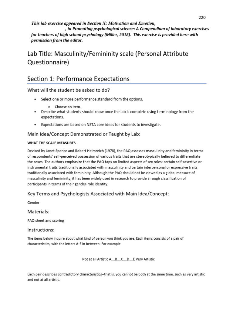 Masculinity/Femininity Scale Lab Exercise | PDF | Gender Role | Gender