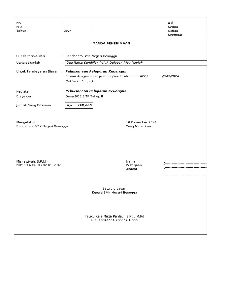 Tanda Penerimaan: Dua Ratus Sembilan Puluh Delapan Ribu Rupiah | PDF
