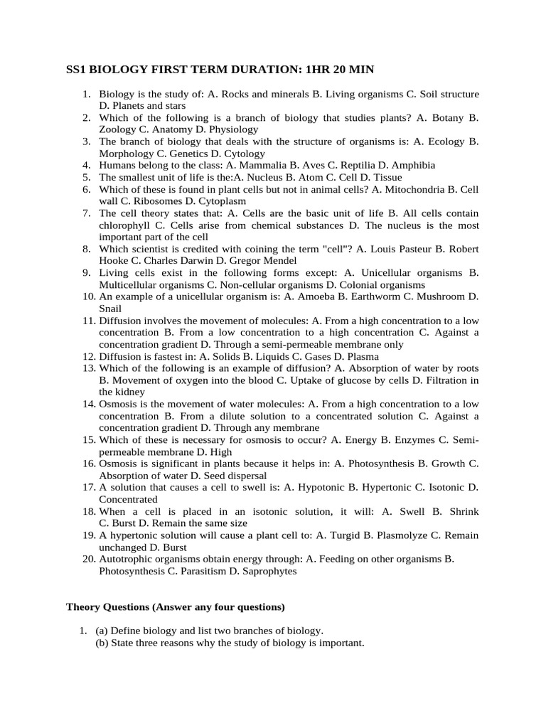 SS1 Biology First Term Exam Guide | PDF | Osmosis | Cell (Biology)