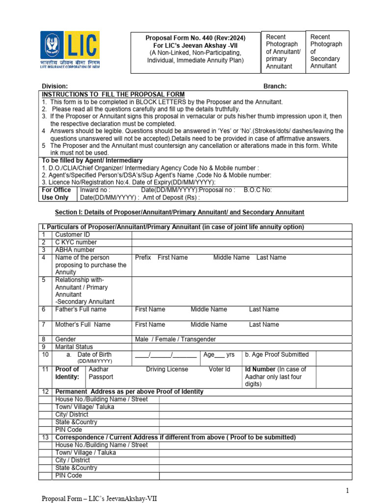 LIC Jeevan Akshay Proposal Form Guide | PDF | Insurance | Identity Document