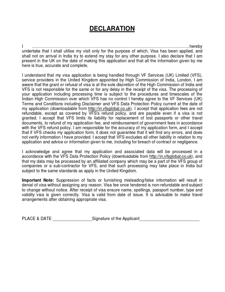 Visa Application Declaration for India | PDF | Travel Visa | Passport