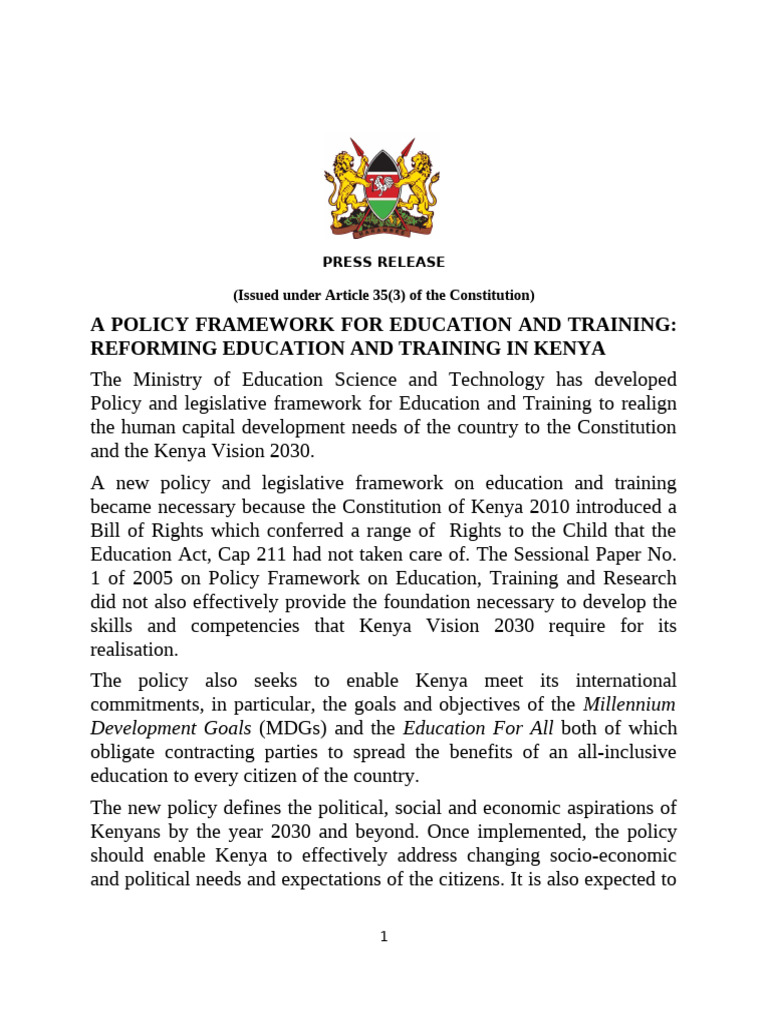 Kenya's Education Reform Policy Framework | PDF | Curriculum | Teacher ...