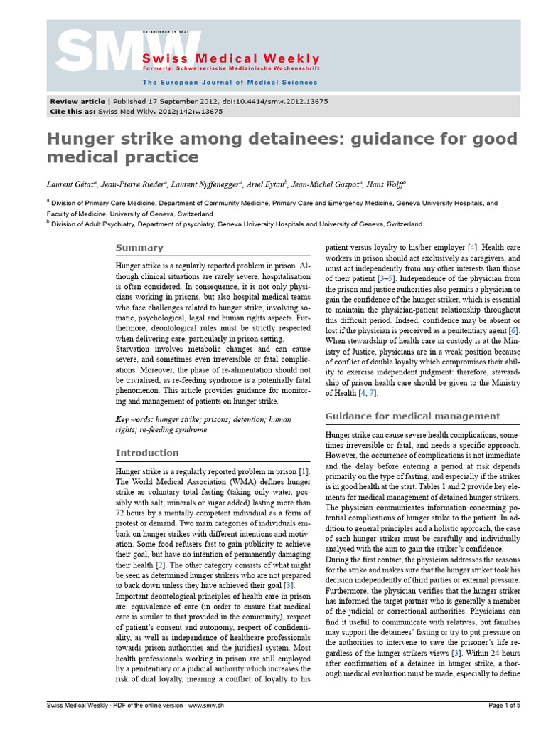 Guidelines for Managing Hunger Strikes in Prisons | PDF | Starvation ...